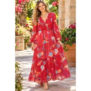 Women's XL Red Tropical Floral Flowy Sheer Maxi Dress L Sleeve V Neck Boho #26